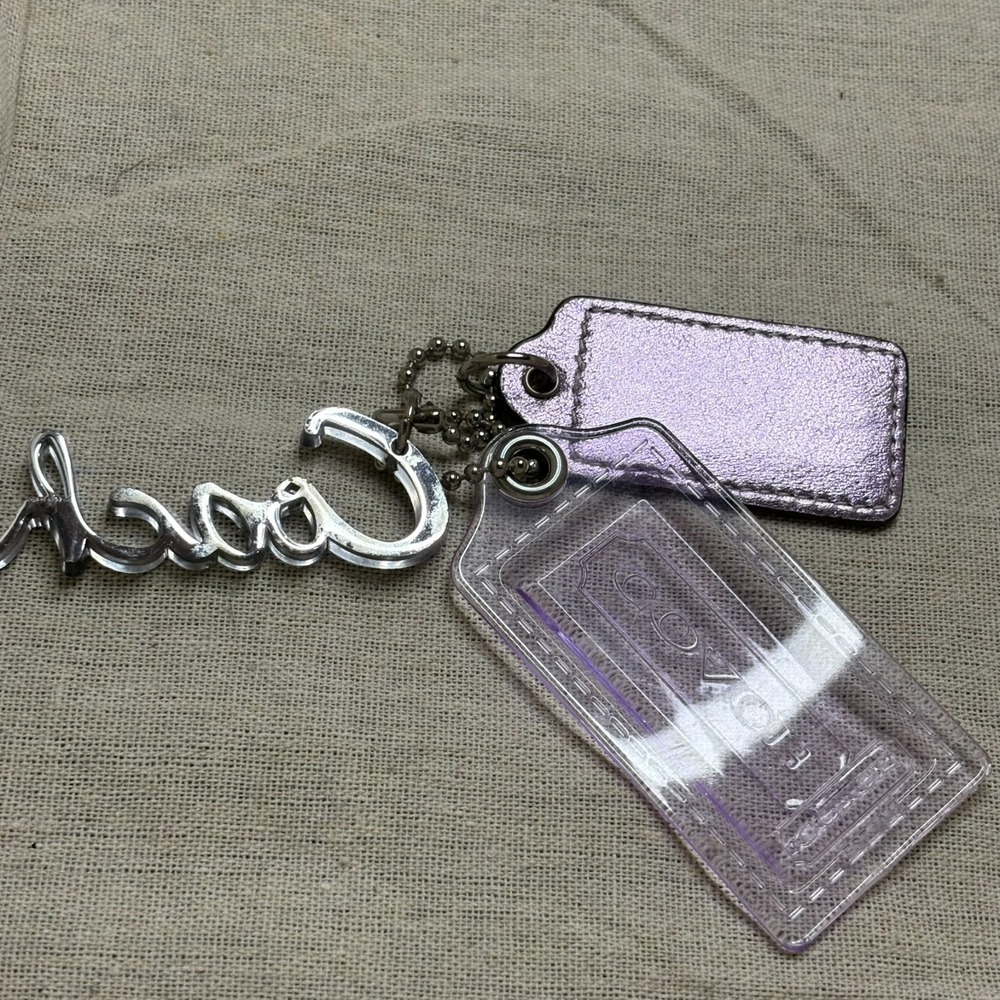 Lot (3) COACH Hang Tag 2.5" Metallic Lilac Leather, 3.5" Lilac Resin, 3" Script - Picture 3 of 6